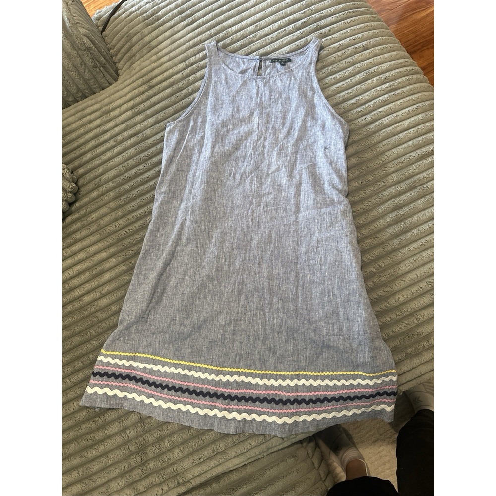 For Cynthia Sleeveless Dress Chambray Blue Rickrack Stripe Linen Women Small S